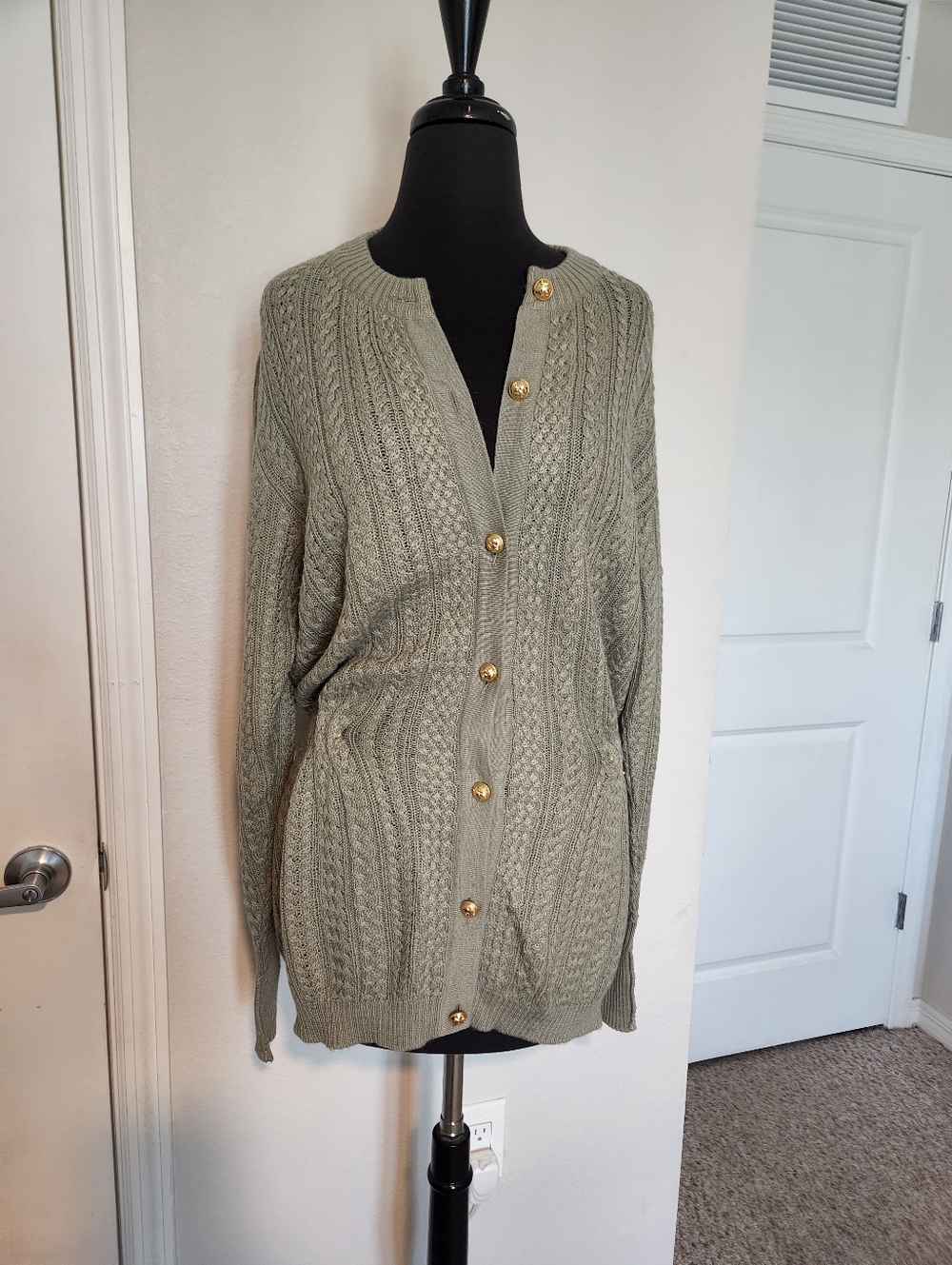 Salvatore Ferragamo Olive Cable-Knit Cardigan with Gold Buttons